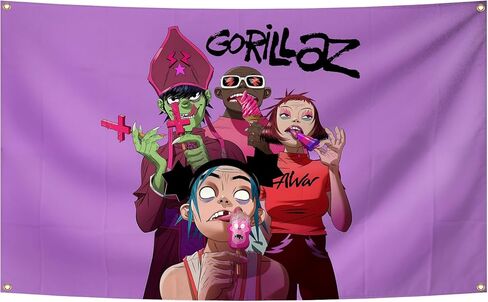 AuLYn The Band Gorillaz نسيج ألبوم الموسيقى غطاء نسيج 3x5Ft نسيج غرفة الفن ديكور نسيج الزينة الجدار شنقا الهدايا للمراهقين غرفة نوم غرفة المعيشة، الأرجواني in Kuwait