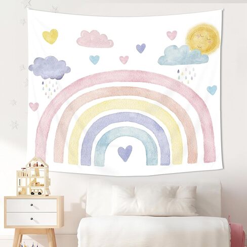 Imirell Kids Boho قوس قزح نسيج 59Wx51H بوصة لطيف بوهو السماء الملونة سحابة تمطر الشمس الكرتون الفتيات في سن المراهقة الجمالية الفن التجريدي شنقا غرفة نوم غرفة المعيشة النوم جدار البطانيات ديكور المنزل النسيج in Kuwait