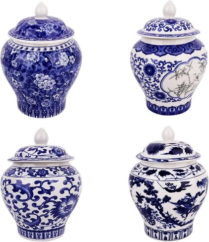 Set of 4 Small Blue and White Vase Porcelain Vases Blue Chinoiserie Decor Porcelain Ginger Jars for Home Decor Chinoiserie Vase for Bedroom Living Room Console Tabletop Decor Table Accent Shelf in Saudi Arabia