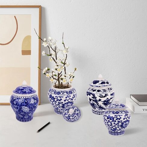 Set of 4 Small Blue and White Vase Porcelain Vases Blue Chinoiserie Decor Porcelain Ginger Jars for Home Decor Chinoiserie Vase for Bedroom Living Room Console Tabletop Decor Table Accent Shelf in Saudi Arabia