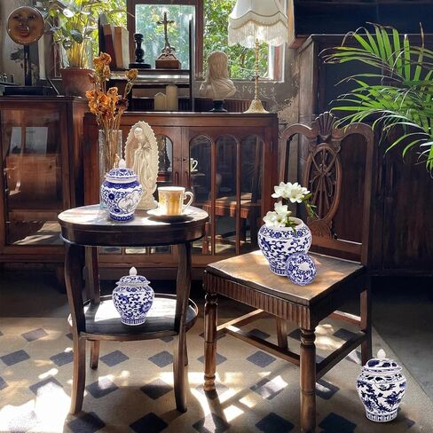 Set of 4 Small Blue and White Vase Porcelain Vases Blue Chinoiserie Decor Porcelain Ginger Jars for Home Decor Chinoiserie Vase for Bedroom Living Room Console Tabletop Decor Table Accent Shelf in Saudi Arabia