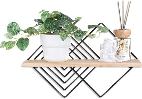 Floating Shelves Modern Geometric - Bedroom Wall Shelf Black Hanging Shelf Wooden Shelves Decorative Wall Mounted Metal Decor Plant Display Set of 2 in Saudi Arabia