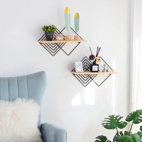 Floating Shelves Modern Geometric - Bedroom Wall Shelf Black Hanging Shelf Wooden Shelves Decorative Wall Mounted Metal Decor Plant Display Set of 2 in Saudi Arabia