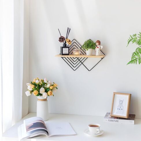 Floating Shelves Modern Geometric - Bedroom Wall Shelf Black Hanging Shelf Wooden Shelves Decorative Wall Mounted Metal Decor Plant Display Set of 2 in Saudi Arabia