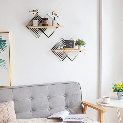Floating Shelves Modern Geometric - Bedroom Wall Shelf Black Hanging Shelf Wooden Shelves Decorative Wall Mounted Metal Decor Plant Display Set of 2 in Saudi Arabia
