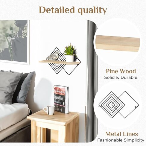 Floating Shelves Modern Geometric - Bedroom Wall Shelf Black Hanging Shelf Wooden Shelves Decorative Wall Mounted Metal Decor Plant Display Set of 2 in Saudi Arabia