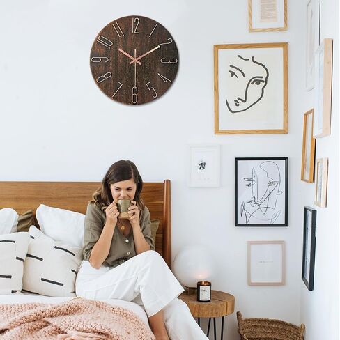 Wall Clock 12 Inch Non-Ticking Silent Battery Operated Round Wall Clock Modern Simple Style Decor Clock for Home/Office/School/Kitchen/Bedroom/Living Room (Brown) in Saudi Arabia