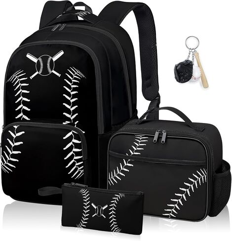 حقيبة ظهر بيسبول للأولاد، حقيبة ظهر بيسبول للأطفال للمدرسة، مجموعة حقائب كتب مقاس 17 بوصة مع حقيبة غداء وحقيبة أقلام وسلسلة مفاتيح باللون الأسود in Kuwait