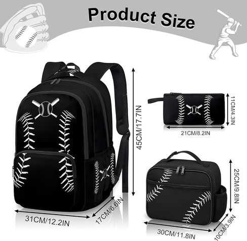 حقيبة ظهر بيسبول للأولاد، حقيبة ظهر بيسبول للأطفال للمدرسة، مجموعة حقائب كتب مقاس 17 بوصة مع حقيبة غداء وحقيبة أقلام وسلسلة مفاتيح باللون الأسود in Kuwait