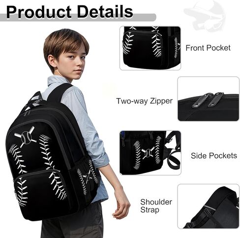حقيبة ظهر بيسبول للأولاد، حقيبة ظهر بيسبول للأطفال للمدرسة، مجموعة حقائب كتب مقاس 17 بوصة مع حقيبة غداء وحقيبة أقلام وسلسلة مفاتيح باللون الأسود in Kuwait