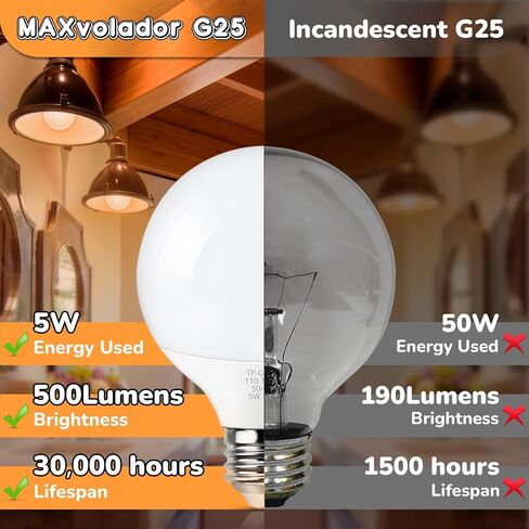 MAXvolador G25 LED Globe Light Bulb 60W Equivalent, Daylight White 5000K E26 Vanity Light Bulbs for Bathroom Makeup Mirror, Round Bulb Non-Dimmable 8-Pack in Saudi Arabia