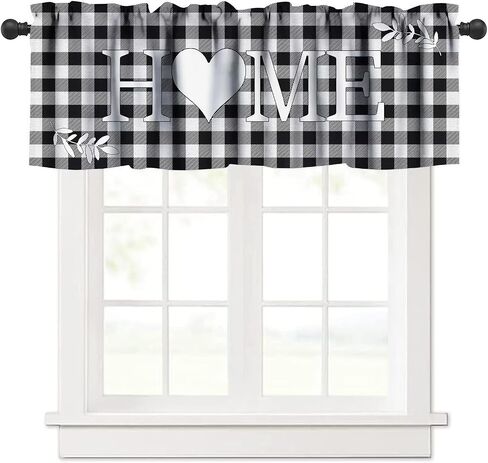Buffalo Plaid Windows Valances Curtain, White Black Buffalo Check Plaid Home & Love Heart Pattern Design,Decorative Curtain Valance for Kitchen Decor with Rod Pocket 54x18in in Saudi Arabia