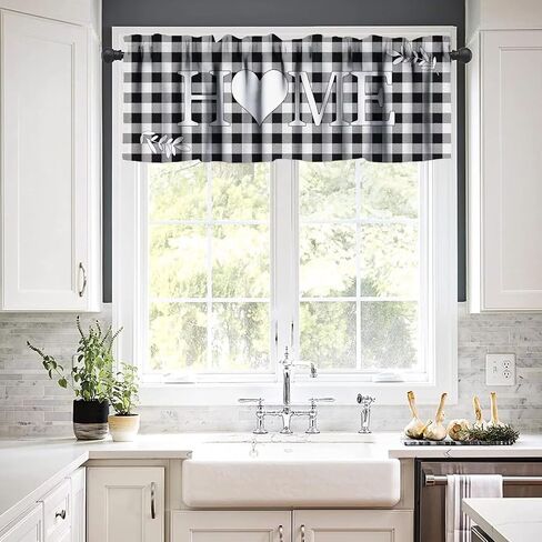 Buffalo Plaid Windows Valances Curtain, White Black Buffalo Check Plaid Home & Love Heart Pattern Design,Decorative Curtain Valance for Kitchen Decor with Rod Pocket 54x18in in Saudi Arabia