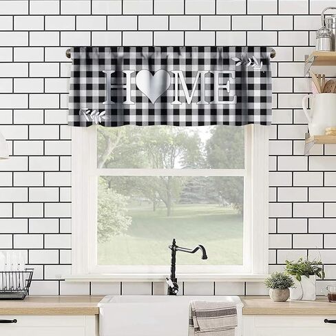 Buffalo Plaid Windows Valances Curtain, White Black Buffalo Check Plaid Home & Love Heart Pattern Design,Decorative Curtain Valance for Kitchen Decor with Rod Pocket 54x18in in Saudi Arabia