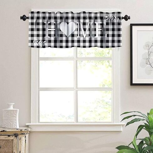 Buffalo Plaid Windows Valances Curtain, White Black Buffalo Check Plaid Home & Love Heart Pattern Design,Decorative Curtain Valance for Kitchen Decor with Rod Pocket 54x18in in Saudi Arabia