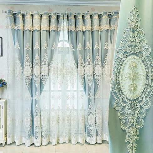 Amidoudou 1 Pair European Double Layer Curtains with Valances for Living Room Bedroom Luxury 3D Flower Embroidered Curtains (Green,52x84 Inch) in Saudi Arabia