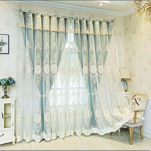 Amidoudou 1 Pair European Double Layer Curtains with Valances for Living Room Bedroom Luxury 3D Flower Embroidered Curtains (Green,52x84 Inch) in Saudi Arabia