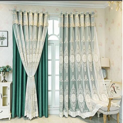 Amidoudou 1 Pair European Double Layer Curtains with Valances for Living Room Bedroom Luxury 3D Flower Embroidered Curtains (Green,52x84 Inch) in Saudi Arabia