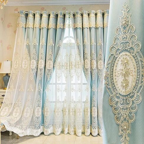 Amidoudou 1 Pair European Double Layer Curtains with Valances for Living Room Bedroom Luxury 3D Flower Embroidered Curtains (Green,52x84 Inch) in Saudi Arabia