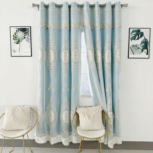 Amidoudou 1 Pair European Double Layer Curtains with Valances for Living Room Bedroom Luxury 3D Flower Embroidered Curtains (Green,52x84 Inch) in Saudi Arabia