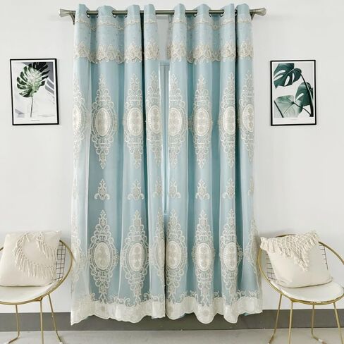 Amidoudou 1 Pair European Double Layer Curtains with Valances for Living Room Bedroom Luxury 3D Flower Embroidered Curtains (Green,52x84 Inch) in Saudi Arabia