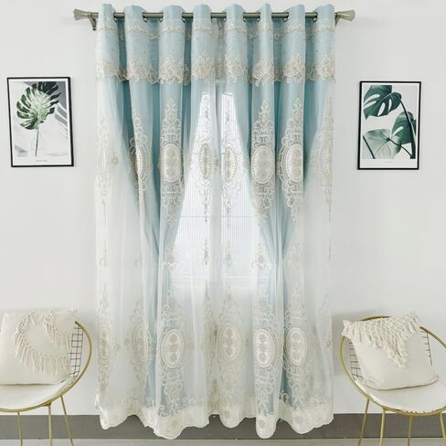 Amidoudou 1 Pair European Double Layer Curtains with Valances for Living Room Bedroom Luxury 3D Flower Embroidered Curtains (Green,52x84 Inch) in Saudi Arabia