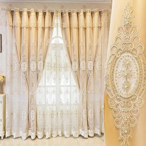 Amidoudou 1 Pair European Double Layer Curtains with Valances for Living Room Bedroom Luxury 3D Flower Embroidered Curtains (Green,52x84 Inch) in Saudi Arabia