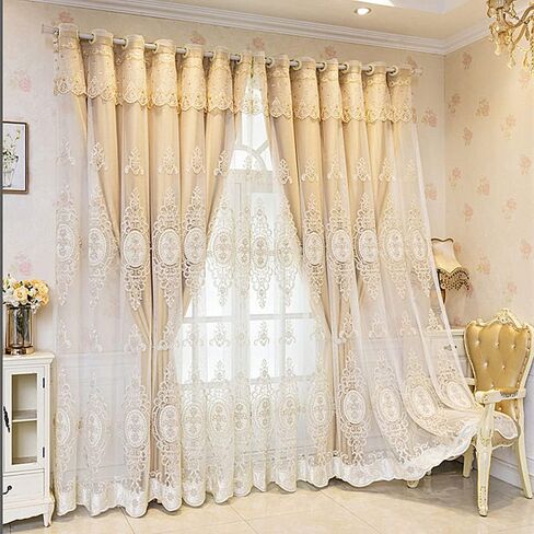 Amidoudou 1 Pair European Double Layer Curtains with Valances for Living Room Bedroom Luxury 3D Flower Embroidered Curtains (Green,52x84 Inch) in Saudi Arabia
