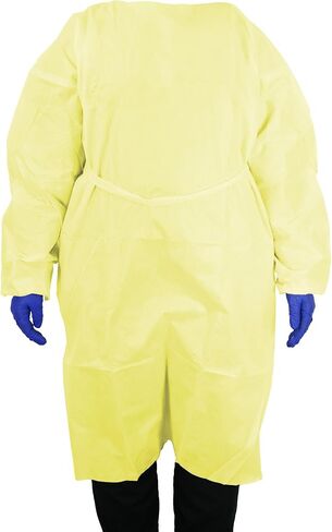 HCS Large Isolation Gowns - SMS, AAMI Level 2 - Elastic Cuffs, Neck Tape & Waist Tie - PPE Disposable Gowns Medical, Yellow (Pack of 10) in Kuwait
