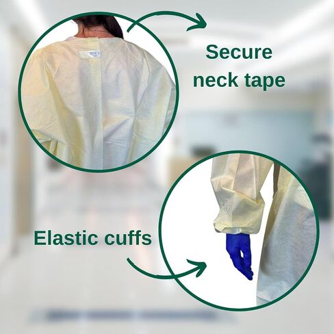 HCS Large Isolation Gowns - SMS, AAMI Level 2 - Elastic Cuffs, Neck Tape & Waist Tie - PPE Disposable Gowns Medical, Yellow (Pack of 10) in Kuwait