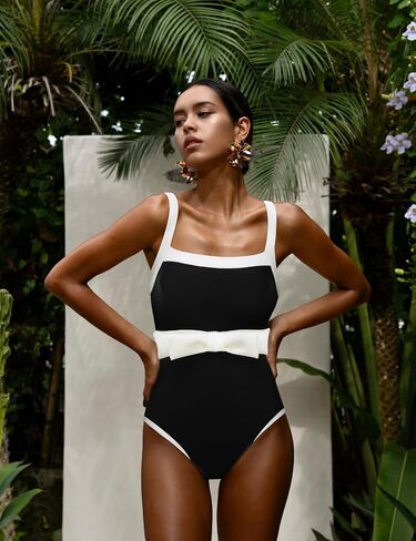 FLAXMAKER Bow Belted Black and White One Piece Swimsuit and Tassel Skirt in Saudi Arabia