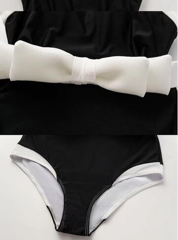 FLAXMAKER Bow Belted Black and White One Piece Swimsuit and Tassel Skirt in Saudi Arabia
