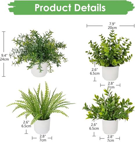 Hollyone 4 Pack Artificial Potted Plants Eucalyptus Rosemary Boston Fern ZZ Plant Fake Plant in Pot Small Faux Plant Greenery Aesthetic Indoor Home Decor Bathroom Bedroom Table Shelf Office in Saudi Arabia