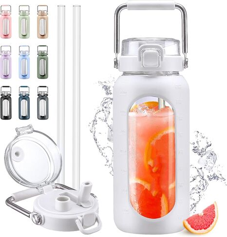 64oz Glass Water Bottle, Glass Drinking Water Bottle with Straw and Stainless Steel Handle, Half Gallon Motivational Water Bottle with Silicone Sleeve and Time Marker, Water Jug Amber in Saudi Arabia