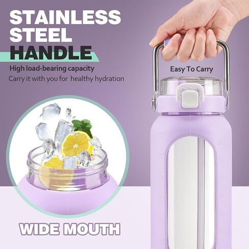 64oz Glass Water Bottle, Glass Drinking Water Bottle with Straw and Stainless Steel Handle, Half Gallon Motivational Water Bottle with Silicone Sleeve and Time Marker, Water Jug Amber in Saudi Arabia