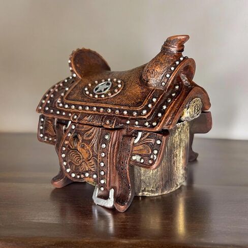 Trinket Box – Western Saddle Keepsake Jewelry Small Item Storage with Tooled Leather Details and Silver Star – Equestrian Rodeo Cowgirl Horse Lover Decor in Saudi Arabia