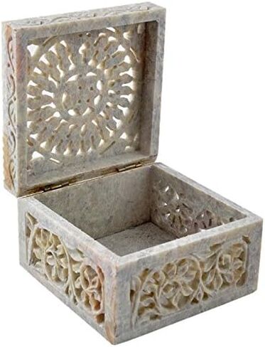 Hashcart Marble Jewelry Box Small Decorative Box Tarot Box Stash Box |Size- 4" x 4" x 2"| Handcarved Soapstone Box Use as Jewelry Tray Ring Dish Ring Holder in Kuwait