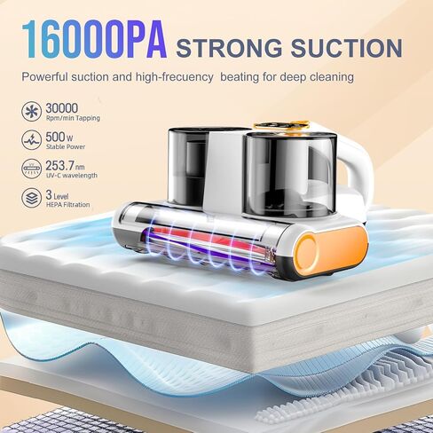 Bed Vacuum Cleaner Corded Mattress Vacuum with UV 16Kpa Suction UV-C Light & 30000 RPM/Min &, Widened Suction Port, 500W in Saudi Arabia