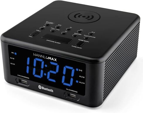 HANNLOMAX HX-140CR Alarm Clock Radio with Wireless Charger, 1 USB Port for 2.4A Charging, 1 USB Port for 1A Charging, 1.2" Blue LED Display, Bluetooth and Aux-in in Saudi Arabia