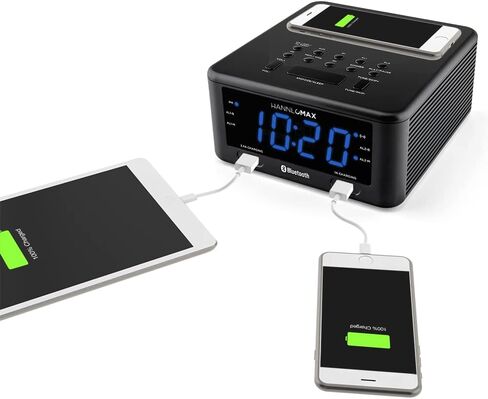 HANNLOMAX HX-140CR Alarm Clock Radio with Wireless Charger, 1 USB Port for 2.4A Charging, 1 USB Port for 1A Charging, 1.2" Blue LED Display, Bluetooth and Aux-in in Saudi Arabia