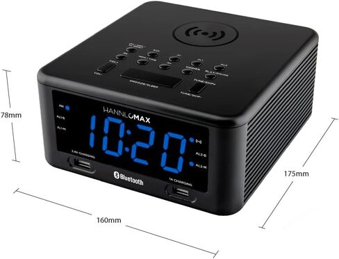 HANNLOMAX HX-140CR Alarm Clock Radio with Wireless Charger, 1 USB Port for 2.4A Charging, 1 USB Port for 1A Charging, 1.2" Blue LED Display, Bluetooth and Aux-in in Saudi Arabia