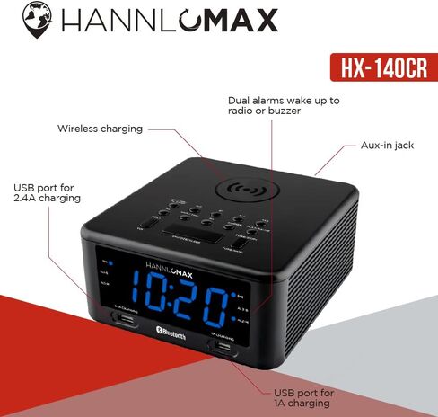 HANNLOMAX HX-140CR Alarm Clock Radio with Wireless Charger, 1 USB Port for 2.4A Charging, 1 USB Port for 1A Charging, 1.2" Blue LED Display, Bluetooth and Aux-in in Saudi Arabia