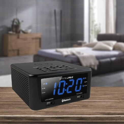 HANNLOMAX HX-140CR Alarm Clock Radio with Wireless Charger, 1 USB Port for 2.4A Charging, 1 USB Port for 1A Charging, 1.2" Blue LED Display, Bluetooth and Aux-in in Saudi Arabia