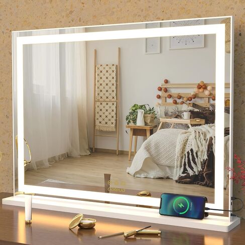 Vanity Mirror with Lights, Large Tabletop Makeup Mirror with Dimmable 3 Modes LED Backlit Light Strip, Touch Screen Control Dressing Mirror with 2 USB Outlet (30.7" W X 22.7" H) in Saudi Arabia