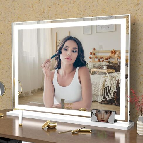 Vanity Mirror with Lights, Large Tabletop Makeup Mirror with Dimmable 3 Modes LED Backlit Light Strip, Touch Screen Control Dressing Mirror with 2 USB Outlet (30.7" W X 22.7" H) in Saudi Arabia