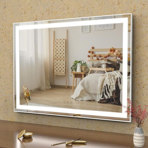Vanity Mirror with Lights, Large Tabletop Makeup Mirror with Dimmable 3 Modes LED Backlit Light Strip, Touch Screen Control Dressing Mirror with 2 USB Outlet (30.7" W X 22.7" H) in Saudi Arabia
