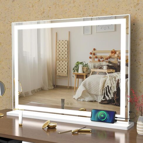 Vanity Mirror with Lights, Large Tabletop Makeup Mirror with Dimmable 3 Modes LED Backlit Light Strip, Touch Screen Control Dressing Mirror with 2 USB Outlet (30.7" W X 22.7" H) in Saudi Arabia