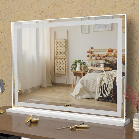 Vanity Mirror with Lights, Large Tabletop Makeup Mirror with Dimmable 3 Modes LED Backlit Light Strip, Touch Screen Control Dressing Mirror with 2 USB Outlet (30.7" W X 22.7" H) in Saudi Arabia