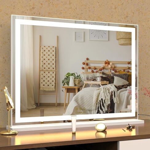 Vanity Mirror with Lights, Large Tabletop Makeup Mirror with Dimmable 3 Modes LED Backlit Light Strip, Touch Screen Control Dressing Mirror with 2 USB Outlet (30.7" W X 22.7" H) in Saudi Arabia