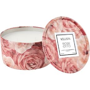 Voluspa Rose Otto, 3 Wick Tin Candle, 6 oz, 25 Hour Burn Time, All Natural Wicks and Coconut Wax for Clean Burning, Vegan, Poured in The USA